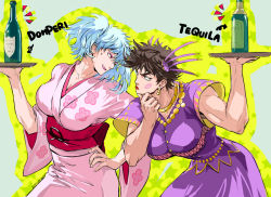  2boys alcohol arrow_(symbol) battle_tendency blue_hair bottle breast_padding brown_hair buttons collarbone commentary crossdressing crossover dress earrings english_commentary eye_contact floral_print gintama green_eyes hair_ornament hand_on_own_chin hand_on_own_hip holding holding_tray japanese_clothes jewelry jojo_no_kimyou_na_bouken joseph_joestar joseph_joestar_(tequila) joseph_joestar_(young) kimono leaning_forward lipstick liquor looking_at_another makeup male_focus mixed-language_commentary multiple_boys muscular muscular_male notice_lines obi pink_kimono print_kimono purple_dress red_eyes red_lips red_sash sakata_gintoki sash short_hair short_sleeves signature star_(symbol) stroking_own_chin sugita_tomokazu sweatdrop tequila tray twintails voice_actor_connection wide_sleeves zzyzzyy  rating:Sensitive score:4 user:danbooru