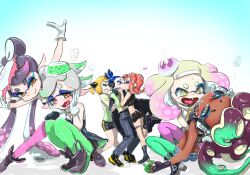  1boy 6+girls ^_^ after_kiss agent_3_(splatoon) agent_4_(splatoon) agent_8_(splatoon) aqua_hair aqua_pantyhose bike_shorts black_dress black_gloves blonde_hair blue_eyes blue_hair boots bow-shaped_hair callie_(splatoon) cape closed_eyes closed_mouth cousins cross-shaped_pupils crown dark-skinned_female dark_skin detached_collar dress fang fangs fingerless_gloves flustered food food_on_head girl_sandwich giving_up_the_ghost gloves gradient_background gradient_hair green_hair green_pantyhose grey_hair grin heart hetero high_heel_boots high_heels inkling inkling_boy inkling_girl inkling_player_character kiss koharu2.5 leg_up locked_arms long_hair marie_(splatoon) marina_(splatoon) medium_hair miniskirt multicolored_hair multiple_girls nintendo object_on_head octoling octoling_girl octoling_player_character pantyhose pantyhose_under_shorts pearl_(splatoon) pink_hair pink_pantyhose purple_hair red_hair red_pupils sandwiched short_dress short_eyebrows short_hair shorts simple_background skirt smile splatoon_(series) splatoon_1 splatoon_2 splatoon_2:_octo_expansion squatting symbol-shaped_pupils two-tone_hair white_background white_gloves yellow_eyes 