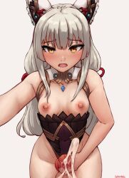  1girl animal_ears animal_penis artist_name blush breasts breasts_out chest_jewel cowboy_shot cum ejaculation futanari futanari_masturbation grey_hair highleg highleg_leotard highres knotted_penis leotard long_hair looking_at_viewer masturbation nia_(blade)_(xenoblade) nia_(xenoblade) nipples open_mouth penis projectile_cum seraziel simple_background small_breasts solo testicles uncensored xenoblade_chronicles_(series) xenoblade_chronicles_2  rating:Explicit score:146 user:danbooru