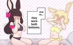  2girls absurdres and_so_they_were_both_bottoms_(meme) animal_ears black_bra black_hair black_panties blonde_hair blunt_bangs blush bow bra breasts cleavage commentary dancer_rabbit dated_commentary double_facepalm embarrassed english_text facepalm full_body hair_bow heavyblade_rabbit highres long_hair medium_bangs medium_breasts meme mira_peppy multiple_girls nose_blush on_bed open_mouth panties pink_bow polka_dot polka_dot_background rabbit_and_steel rabbit_ears rabbit_girl rabbit_tail short_hair small_breasts strapless strapless_bra tail underwear underwear_only yellow_bra yellow_panties yuri 