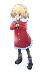 1girl ankle_boots black_footwear black_pantyhose blonde_hair blue_eyes boots breath casual coat commentary cross-laced_footwear earmuffs fang full_body fur-trimmed_coat fur_trim girls_und_panzer highres hood hooded_coat katyusha_(girls_und_panzer) long_sleeves moro_(like_the_gale!) open_mouth own_hands_together pantyhose red_coat short_hair simple_background smirk solo standing v-shaped_eyebrows white_background rating:Sensitive score:1 user:danbooru