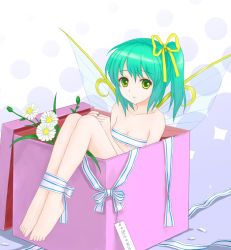  1girl aqua_hair bad_id bad_pixiv_id barefoot bdsm bondage bound box daiyousei fairy_wings feet female_focus flat_chest flower gift green_eyes green_hair highres in_box in_container looking_at_viewer matching_hair/eyes naked_ribbon nude ribbon ribbon_bondage short_hair side_ponytail solo embodiment_of_scarlet_devil toes touhou tucana wings  rating:Questionable score:28 user:danbooru