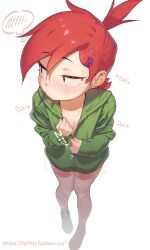  1girl aged_down blush bottomless ear_piercing earrings foster&#039;s_home_for_imaginary_friends frankie_foster green_hoodie hair_ornament hairclip highres hood hoodie jacket jewelry loffo naked_jacket piercing ponytail red_hair simple_background spoken_blush white_background 