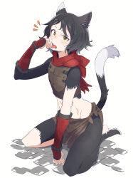  1girl arm_guards armor black_fur black_hair body_fur bracer cat_girl cobblestone dungeon_meshi eitopondo full_body groin highres izutsumi kneeling leather_armor licking_paw loincloth looking_at_viewer midriff mismatched_animal_ear_colors red_scarf sanpaku scarf seiza short_hair sitting solo white_background yellow_eyes 