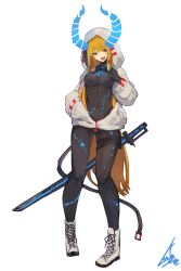  1girl belt black_bodysuit blonde_hair bodysuit boots breasts candy drawn_horns food full_body hand_in_pocket highres holding holding_candy holding_food holding_lollipop holding_sword holding_weapon hood hood_up hooded_jacket jacket lansane lollipop long_hair open_mouth original red_eyes scabbard sheath sheathed signature simple_background skin_tight solo standing sword thigh_strap tongue tongue_out very_long_hair weapon white_background white_footwear white_jacket 