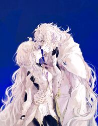  1boy 1girl absurdres blue_background closed_mouth fate/grand_order fate_(series) fuwafuwa_no_inu hand_on_another&#039;s_face hand_on_another&#039;s_hip highres hood hood_down long_hair looking_at_another merlin_(fate) merlin_(fate/prototype) messy_hair open_mouth purple_eyes robe simple_background sweat very_long_hair white_hair white_robe 