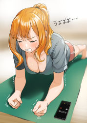 1girl barefoot blurry blurry_background blush breasts brown_shorts cellphone cleavage clenched_teeth closed_eyes collarbone commentary_request depth_of_field doushimasho exercising facing_viewer grey_shirt hair_tie highres long_hair medium_breasts orange_hair original phone planking ponytail shirt short_shorts short_sleeves shorts sidelocks smartphone solo sweat teeth translation_request trembling v-shaped_eyebrows yoga_mat rating:Sensitive score:39 user:danbooru