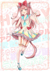  1girl absurdres agnes_digital_(umamusume) animal_ears blue_eyes blush bow breasts collarbone full_body gloves hair_bow hair_ornament happy_birthday highres horse_ears horse_girl leg_up long_hair looking_at_viewer open_mouth rain0129 ribbon shoes single_glove sleeveless small_breasts solo sparkle standing standing_on_one_leg thighhighs umamusume 
