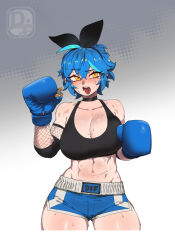  1girl after_battle ahoge aqua_hair bare_shoulders black_choker black_sports_bra blue_hair blush boxing_gloves boxing_shorts breasts bruise_on_stomach character_name choker cleavage collarbone cowboy_shot dif_(difman) difman dyed_ahoge exhausted fang fishnets gradient_background highres large_breasts looking_at_viewer medium_hair midriff mouth_guard navel original saliva shiny_skin shorts signature simple_background solo sports_bra sweat thick_thighs thighs tongue tongue_out white_background yellow_eyes 