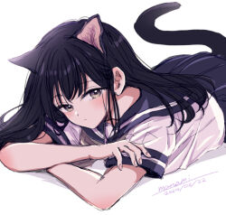  1girl animal_ears artist_name black_hair black_sailor_collar black_skirt brown_eyes cat_day cat_ears cat_girl cat_tail closed_mouth commentary dated expressionless fingernails light_blush long_hair looking_at_viewer lying on_stomach original pleated_skirt sailor_collar school_uniform serafuku shirt short_sleeves signature simple_background sketch skirt solo sugano_manami tail white_background white_shirt 