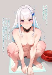  absurdres bare_arms bare_legs barefoot blue_hair bowl breasts collar completely_nude furisuku gradient_hair highres lize_helesta multicolored_hair navel nijisanji nipples nude pet_bowl pink_eyes pussy small_breasts squatting sweat virtual_youtuber white_hair 