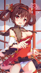 1girl absurdres angelic_link blush breasts brown_hair character_request china_dress chinese_clothes cleavage_cutout clothes_lift clothing_cutout detached_sleeves dress embarrassed hair_ornament hairband highres holding holding_weapon karuru634 large_breasts legwear_garter looking_at_viewer nipples open_mouth panties pelvic_curtain red_dress red_eyes solo underwear weapon white_panties rating:Questionable score:6 user:danbooru
