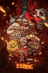  absolutely_everyone animal bleeding blood blood_on_face bomb bug character_name colored_sclera creature demon everyone explosive fly highres holding holding_bomb insect keroreud knife monster red_sclera skull smile teeth the_binding_of_isaac title upper_teeth_only 