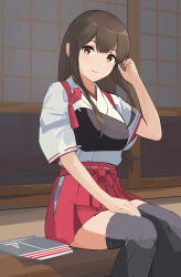  1girl akagi_(kancolle) akagi_kai_ni_(kancolle) brown_eyes brown_hair gaiters hakama hakama_short_skirt hakama_skirt highres japanese_clothes kantai_collection long_hair looking_at_viewer muneate red_hakama sitting skirt smile solo straight_hair thighhigh_gaiters thighhighs yuu+ 