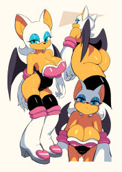ass bat_girl blue_eyes breasts cleavage eyeshadow furry gloves hanging_breasts highres large_breasts makeup rouge_the_bat shiny_skin sonic_(series) tail yuta_agc rating:Questionable score:75 user:AppleOppai