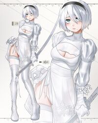  1girl 2b_(nier:automata) absurdres black_hairband blue_eyes boots breasts cleavage dress feather-trimmed_sleeves gloves hairband highres holding holding_sword holding_weapon juliet_sleeves leotard leotard_under_clothes long_sleeves mole mole_under_mouth nier:automata nier_(series) no_blindfold puffy_sleeves ringed_eyes short_hair solo sword thigh_boots waligner weapon white_dress white_footwear white_gloves white_hair 