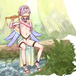 1girl bad_id bad_pixiv_id barefoot barefoot_sandals_(jewelry) cleft_of_venus closed_eyes elf feet flat_chest flute hair_between_eyes instrument musical_note navel nipples no_panties outdoors pointy_ears purple_hair pussy revealing_clothes shawl sitting solo thigh_strap topless transverse_flute uncensored white_shawl wings yamada_(gotyui) zenra rating:Explicit score:256 user:danbooru