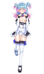 1boy alternate_costume androgynous apron aqua_eyes aqua_hair asahi bare_legs bare_shoulders blue_eyes bulge choker clothes_lift crossdressing dress dress_lift erection erection_under_clothes full_body girly_boy gradient_hair heart heart_hands highres jumping licking_lips light_blush lilith-soft long_hair maid maid_apron maid_headdress mary_janes miniskirt multicolored_hair naughty_face nipples nozomi_aino official_alternate_costume panties precum ribbon shiny_skin shoes short_twintails simple_background skirt smile standing standing_on_one_leg taimanin_(series) taimanin_rpgx thighhighs tongue tongue_out trap twintails two-tone_hair underwear white_background white_panties white_thighhighs wide_hips