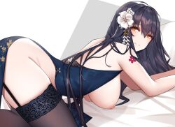  1girl all_fours ass ass_focus azuma_(azur_lane) azuma_(soft_voice_of_spring)_(azur_lane) azur_lane bare_shoulders bed bed_sheet bedroom black_dress black_hair black_thighhighs blush breast_focus breastless_clothes breastless_clothing breasts breasts_out brown_eyes closed_mouth commentary_request dress flower flower_hair_ornament flower_on_head garter_straps hair_between_eyes hair_flower hair_ornament hairclip hanging_breasts large_breasts long_hair looking_at_viewer nipples no_bra on_bed pillow presenting puffy_areolae puffy_nipples red_eyes siu_(siu0207) smile solo thick_thighs thighhighs thighs third-party_edit white_flower 