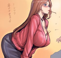 1girl american_oppai-san bent_over between_breasts blue_eyes breasts brown_hair cleavage curvy glasses huge_breasts long_hair mouth_hold original pocky solo sweater translated tsuda_nanafushi rating:Questionable score:136 user:danbooru