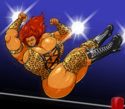  1girl aaaa amazon_warrior animal_print blue_eyes boots breasts cleavage curvy dark-skinned_female dark_skin elbow_drop gigantic_breasts highres huge_breasts knee_pads lace leopard_print leotard long_hair muscular muscular_female original red_hair solo sweat nervous_sweating thick_thighs thighs wrestling wrestling_outfit 