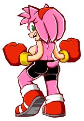  1girl amy_rose ass boxing_gloves breasts cameltoe cleft_of_venus green_eyes large_breasts leatherruffian looking_back pink_hair sega shoes shorts sonic_(series) tail topless topless_female 