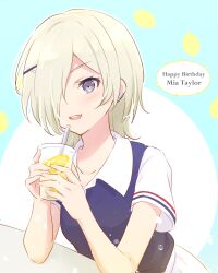  1girl arms_on_table blue_background blue_vest character_name collarbone collared_shirt cup disposable_cup drinking_straw earclip food fruit grey_eyes hair_ornament hair_over_one_eye happy_birthday highres holding holding_cup lemon lemon_slice lemonade lemonade_(love_live!) light_blush looking_at_viewer love_live! love_live!_nijigasaki_high_school_idol_club mia_taylor open_mouth outline shirt short_sleeves skirt smile solo teeth upper_body upper_teeth_only vest water_drop white_background white_outline white_shirt white_skirt x_hair_ornament yutuki_ame 