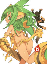 1girl animal_ears animal_hands animal_print ass blade_(galaxist) boomerang cat_ears cat_tail cham_cham fang gloves green_eyes green_hair highres long_hair looking_back monkey no_panties open_mouth paku_paku paw_gloves paw_shoes queen&#039;s_blade queen&#039;s_gate samurai_spirits shoes simple_background snk tail tears tiger_print torn_clothes weapon white_background rating:Questionable score:24 user:danbooru