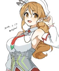  1girl absurdres armpits bigkwl brown_eyes brown_hair collared_shirt corset dated detached_sleeves dress_shirt headdress highres kantai_collection littorio_(kancolle) necktie one-hour_drawing_challenge ponytail red_necktie shirt sleeveless sleeveless_shirt smile solo twitter_username wavy_hair white_shirt 