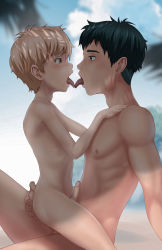  2boys absurdres anal ass beach blonde_hair blue_eyes blue_hair brown_eyes completely_nude cum highres keji male_focus male_penetrated multiple_boys nude penis shota sitting sitting_on_person yaoi  rating:Explicit score:222 user:unsoredd