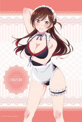  1girl apron blush body_blush breasts brown_hair cleavage collarbone earrings jewelry kanojo_okarishimasu large_breasts legband legs long_hair looking_at_viewer maid maid_apron maid_headdress mizuhara_chizuru official_art open_mouth red_eyes smile thighs wristband  rating:Sensitive score:106 user:bluebot