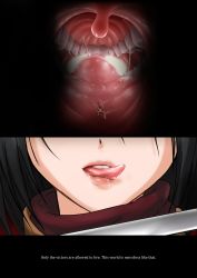  1boy 1girl absurdres black_hair blush clothed_female_nude_male drooling english_text giant giantess highres inside_creature licking_lips mikasa_ackerman monster nude pov role_reversal saliva shingeki_no_kyojin size_difference sword teeth text_focus titan_(shingeki_no_kyojin) tongue tongue_out truth uvula vore weapon  rating:Questionable score:74 user:TheDecade