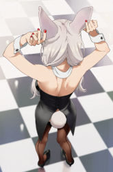 1girl animal_ears ass bare_shoulders breasts coattails fake_animal_ears fake_tail from_behind grey_hair hair_over_shoulder high_heels leotard long_hair low_twintails mattaku_mousuke medium_breasts nail_polish original pantyhose playboy_bunny rabbit_ears rabbit_tail red_nails shoulder_blades sideboob solo standing strapless strapless_leotard tail twintails wrist_cuffs rating:Sensitive score:18 user:danbooru