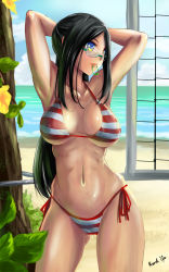 1girl absurdres arms_up beach bikini black_hair blue_eyes breasts cowboy_shot day glasses highres hip_bones large_breasts lips long_hair looking_to_the_side mouth_hold navel original rubber_band side-tie_bikini_bottom solo standing striped_bikini striped_clothes swimsuit tan_(knock_up) underboob volleyball_net