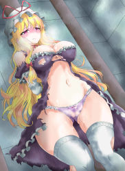  1girl absurdres arms_behind_back bad_id bad_pixiv_id bdsm blonde_hair bondage bound bound_arms bow breasts cameltoe cleavage crying crying_with_eyes_open empty_eyes frilled_panties frills hat hat_bow highres large_breasts long_hair navel nichibotsu_(kitaziman) panties pee peeing peeing_self purple_eyes pussy_juice solo tears thighhighs torn_clothes torn_thighhighs touhou underboob underwear white_thighhighs yakumo_yukari 