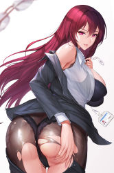 1girl ass black_jacket blush breasts brown_pantyhose fate/grand_order fate_(series) from_behind hair_between_eyes hand_on_own_ass jacket large_breasts long_hair long_sleeves looking_at_viewer looking_back nail_polish name_tag off_shoulder open_mouth panties pantyhose purple_hair purple_panties red_eyes scathach_(fate) shirt smile solo sweat torn_clothes torn_pantyhose tsuki_no_i-min underwear very_long_hair white_shirt rating:Questionable score:39 user:danbooru