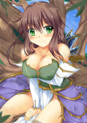  1girl :3 bare_shoulders blush breast_lift breasts brown_hair cleavage collarbone covered_erect_nipples detached_sleeves dress green_dress green_eyes green_skirt groin highres hoshizuki_(seigetsu) in_tree large_breasts long_hair long_sleeves looking_at_viewer multicolored_clothes multicolored_dress original purple_dress sitting sitting_in_tree skirt solo strapless strapless_dress tree white_dress  rating:Sensitive score:18 user:danbooru
