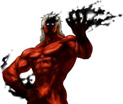  1boy black_fire blue_eyes colored_skin dark_persona fire glowing glowing_eyes hand_on_own_hip highres king_of_fighters_xiii long_hair male_focus muscular nude official_art ogura_eisuke pectorals pyrokinesis red_skin saiki_(kof) snk solo the_king_of_fighters the_king_of_fighters_xiii transparent_background white_hair 