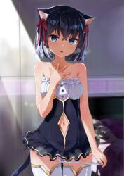  1girl animal_ear_fluff animal_ears bare_arms bare_shoulders bed black_hair blue_eyes bow bow_panties breasts cat_ears cat_girl cat_tail center_frills character_request clothing_cutout commentary_request cowboy_shot crossed_bangs dress eyes_visible_through_hair frilled_pillow frills hair_between_eyes hair_ribbon hand_on_own_chest heavy_breathing indoors kakuno looking_at_viewer medium_breasts navel navel_cutout open_mouth panties panty_pull pillow red_ribbon ribbon shangri-la_drive short_dress short_hair solo strapless strapless_dress sweat tail thighhighs underwear white_panties white_thighhighs zettai_ryouiki 
