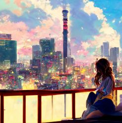  1girl balcony building city cloud cloudy_sky looking_away looking_to_the_side painting_(medium) self-upload sky skyscraper traditional_media upper_body  rating:General score:1 user:DEVILFISH97