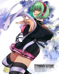  1girl absurdres breasts choker cropped_jacket english_text green_eyes green_hair headphones highres holding holding_whip kojima_(blue_stardust) leggings light_green_hair looking_at_viewer medium_breasts meuniel multicolored_clothes multicolored_legwear phonon_(under_night_in-birth) short_hair skirt smile snake solo striped striped_leggings under_night_in-birth under_night_in-birth_exe:late[st] whip wireless 