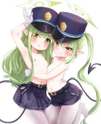 2girls absurdres armpits belt black_belt black_hat black_shorts black_skirt black_tail blue_archive blush breasts closed_mouth collarbone comodomodo demon_tail earrings fang gloves green_hair green_halo halo hat hikari_(blue_archive) nozomi_(blue_archive) highres jewelry loli long_hair looking_at_viewer multiple_girls navel nipples open_mouth pantyhose peaked_cap pleated_skirt pointy_ears shorts sidelocks signature simple_background skin_fang skirt small_breasts tail twintails white_background white_gloves white_pantyhose yellow_eyes rating:Questionable score:34 user:danbooru