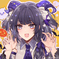  1girl :d bat_(animal) black_hair black_sleeves blunt_bangs brown_nails chinese_commentary claw_pose collared_shirt commentary demon_girl demon_horns detached_sleeves english_commentary fang ghost hair_ribbon halloween heroine_(lovebrush_chronicles) horns long_hair long_sleeves lovebrush_chronicles mixed-language_commentary multicolored_nails nail_polish necktie nevakuma_(fanfanas) open_mouth outline purple_eyes purple_horns purple_nails purple_necktie purple_ribbon ribbon shirt skin_fang sleeveless sleeveless_shirt smile solo star_(symbol) tress_ribbon two_side_up upper_body weibo_logo weibo_username white_outline white_shirt yellow_background 