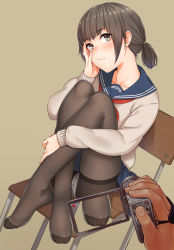 1girl ass bad_id bad_pixiv_id black_hair black_pantyhose blush camcorder camera chair crotch_seam feet freckles grey_eyes hand_on_own_cheek hand_on_own_face head_tilt highres knees_up kyuuso_inukami looking_at_viewer neckerchief no_shoes original panties panties_under_pantyhose pantyhose pantyshot pleated_skirt pov school_uniform serafuku short_hair short_twintails sitting skirt smile solo_focus sweater thighband_pantyhose toes twintails underwear video_camera white_panties rating:Sensitive score:47 user:danbooru