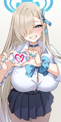  1girl absurdres asuna_(blue_archive) blonde_hair blue_archive blue_eyes blue_halo blue_nails blue_ribbon blue_skirt blush breasts choker collared_shirt cowboy_shot gradient_background hair_over_one_eye hair_ribbon halo heart heart_hands highres large_breasts long_hair long_sleeves looking_at_viewer marumai nail_polish one_eye_covered pleated_skirt ribbon scrunchie shirt shirt_tucked_in simple_background skirt smile solo white_shirt wrist_scrunchie 