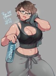  1girl agawa_ryou bottle breasts brown_hair cleavage cleavage_cutout clothing_cutout commentary dated english_commentary fang glasses green_eyes grey_background halterneck head_tilt holding holding_bottle hot large_breasts looking_at_viewer midriff navel open_mouth original pants short_hair signature simple_background sleeveless solo sports_bra sportswear steam steaming_body sweat sweatpants toned toned_female water_bottle wiping_face wiping_sweat 