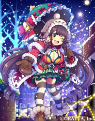  1girl absurdly_long_hair bell black_thighhighs blush bow braid breasts brown_mittens cleavage company_name copyright_request drill_hair green_eyes hat holding holding_umbrella iroyopon large_breasts long_hair looking_at_viewer miniskirt mittens multicolored_clothes multicolored_legwear one_eye_closed open_mouth outdoors over-kneehighs pom_pom_(clothes) red_bow side_braid skirt smile snowing solo standing striped_clothes striped_thighhighs thighhighs twin_braids twin_drills umbrella very_long_hair white_hat white_thighhighs  rating:Sensitive score:3 user:danbooru