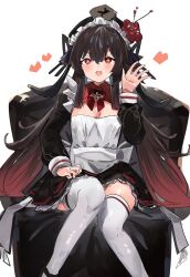  1girl alternate_costume apron black_dress brown_hair commentary_request dress enmaided flower genshin_impact hat hat_flower highres hu_tao_(genshin_impact) long_hair long_sleeves looking_at_viewer maid maid_headdress open_mouth porkpie_hat red_eyes sitting smile solo symbol-shaped_pupils the_olphy thighhighs twintails waving white_background white_thighhighs 