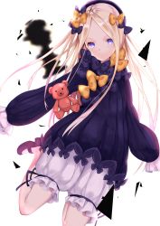 1girl abigail_williams_(fate) black_hat blonde_hair bloomers blue_eyes blush bow bug butterfly closed_mouth commentary_request dress fate/grand_order fate_(series) hair_bow hands_in_opposite_sleeves hat head_tilt highres insect long_hair long_sleeves looking_at_viewer orange_bow parted_bangs polka_dot polka_dot_bow purple_bow purple_dress solo stuffed_animal stuffed_toy teddy_bear underwear wankoo-mikami white_background white_bloomers