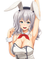 10s 1girl :d adapted_costume alternate_costume animal_ears aqua_eyes areola_slip arm_up armpits bare_arms bare_shoulders beret black_hat blush breasts buttons cleavage collarbone detached_collar fake_animal_ears female_focus hand_up hat kantai_collection kashima_(kancolle) kerchief kurowan large_breasts leotard looking_at_viewer neck open_mouth playboy_bunny rabbit_ears red_neckwear round_teeth short_hair silver_hair simple_background smile solo strapless sweat teeth two_side_up upper_body wavy_hair white_background wrist_cuffs rating:Questionable score:27 user:danbooru